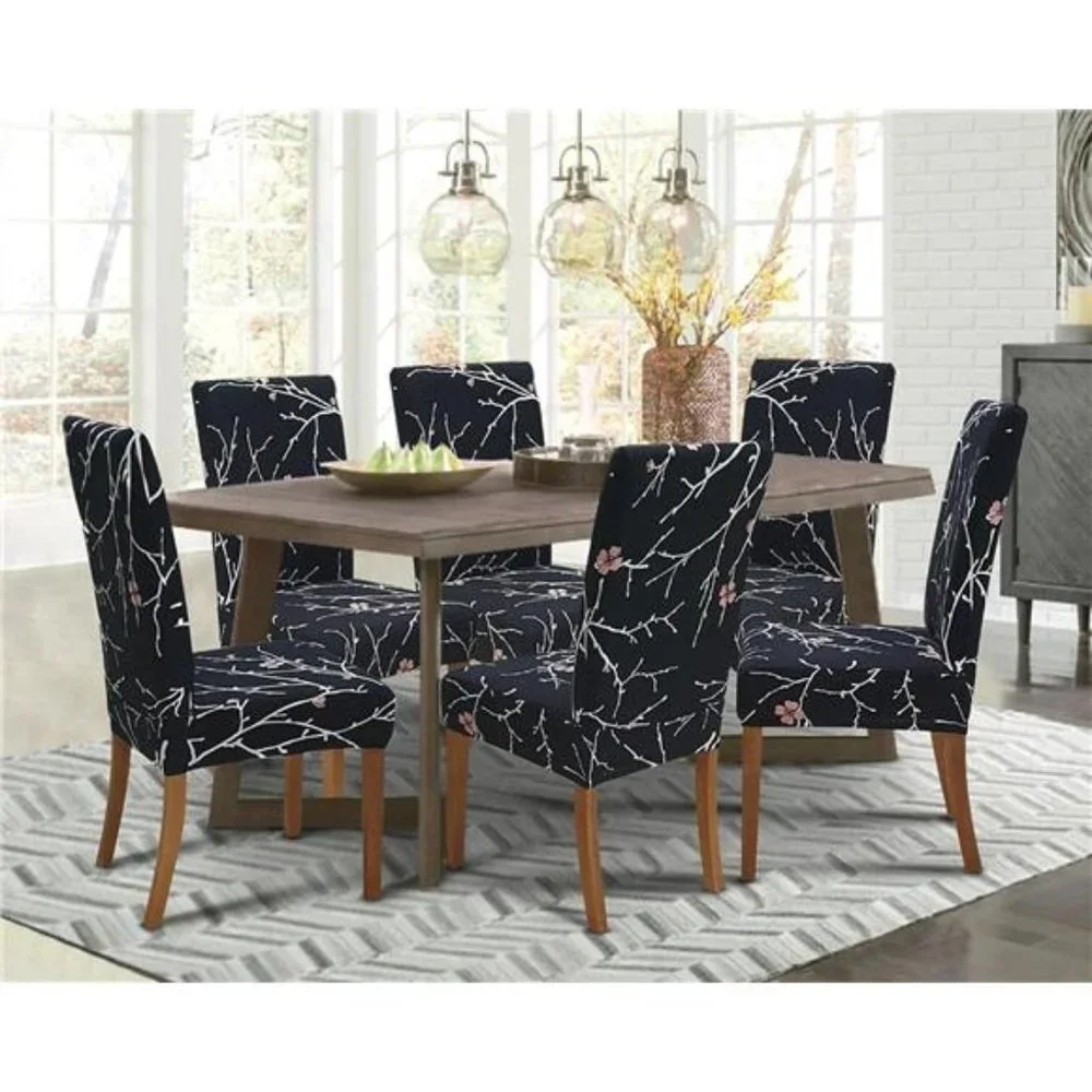 6 Pack, Stretch Dining Chair Cover, Removable Seat Protector - Flourish Black